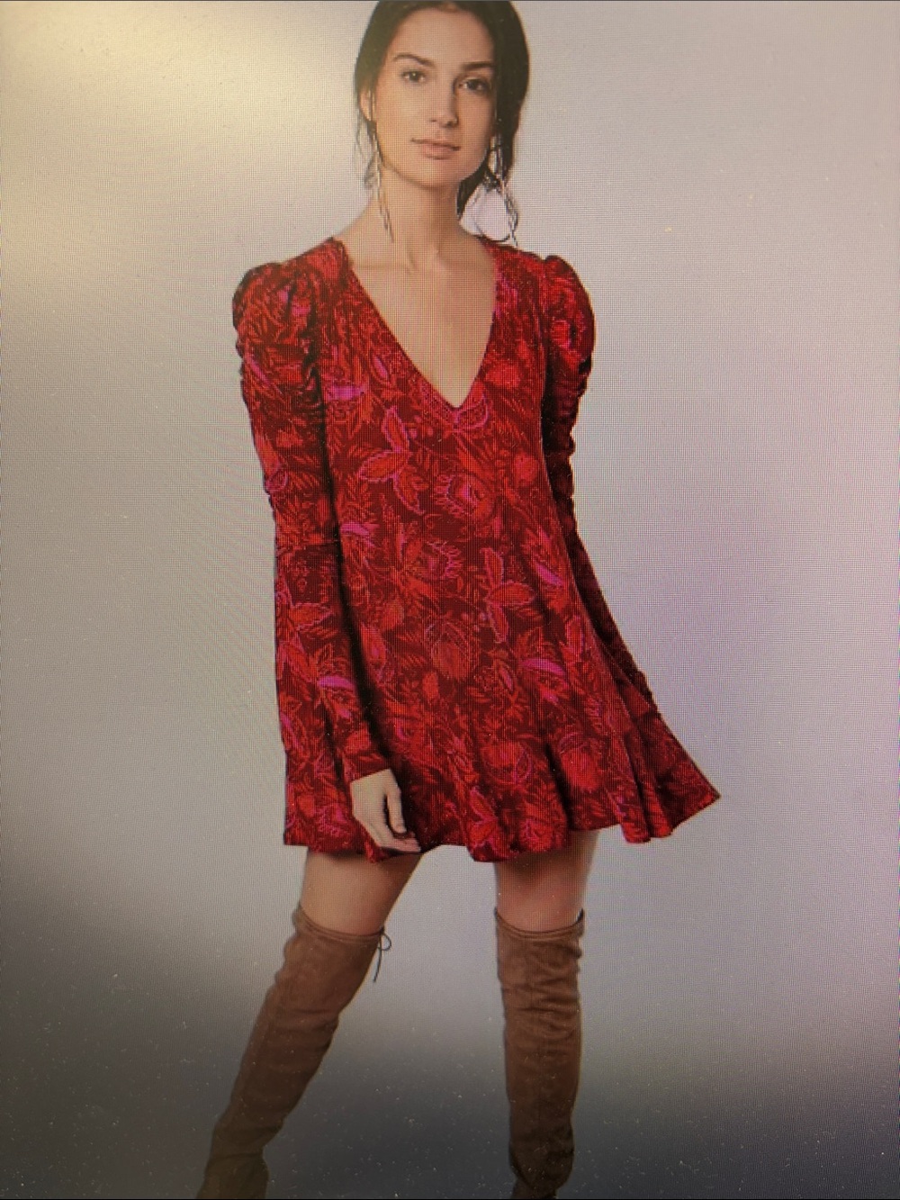 Free People Hello Lover V-Neck Long Sleeve Floral Red and Pink Tunic Dress
